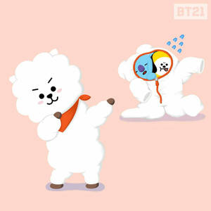 BT21角色，一個戴圍巾跳舞，另一個在放大鏡下出汗