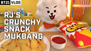BT21角色在零食放送期間吃薯片和莎莎醬。