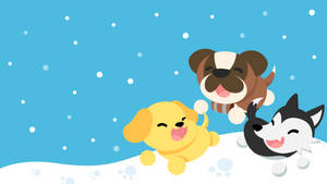 三隻微笑的卡通小狗在藍天下的雪地裡玩耍