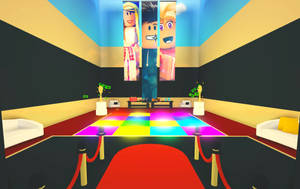 設有彩虹舞池和角色橫幅的 Roblox 派對房間。