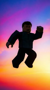 Roblox虛擬角色在色彩繽紛的日落天空中跳躍