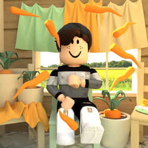 Roblox角色在明亮的房間裡被紅蘿蔔和植物包圍。