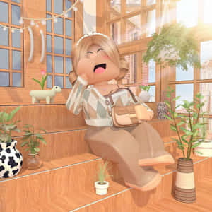 一個微笑的 Roblox 角色坐在木階梯上，周圍有植物和燈串。