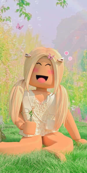一個微笑的Roblox角色，貓耳，坐在草地上手持花朵。