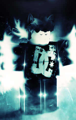 Roblox 角色帶有貓耳朵，在破碎的黑暗背景中發出藍色光芒。