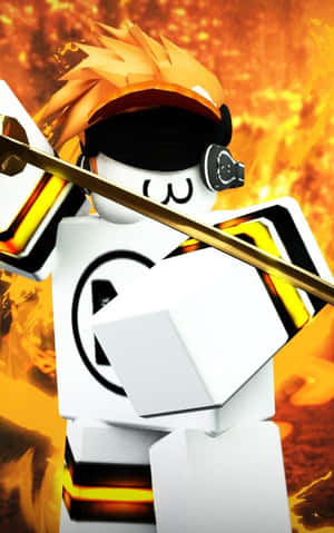 Roblox角色，橙色頭髮和護目鏡，在火焰中手持金色劍。 — Galaxy Tab Active5 壁紙