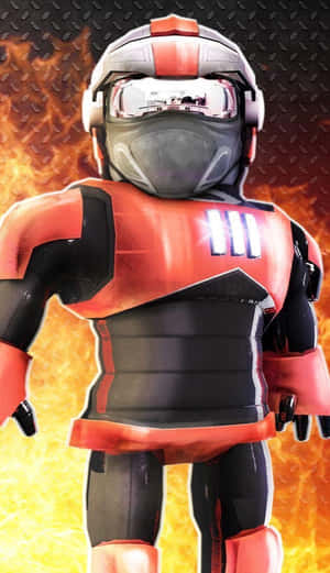 Roblox角色穿著紅黑盔甲站在火焰中。