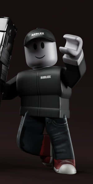 Roblox 角色戴著黑色帽子和外套，穿著紅色鞋子揮手。