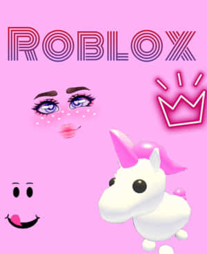 Roblox 標誌，帶有卡通眼睛、微笑和獨角獸，背景為粉紅色。