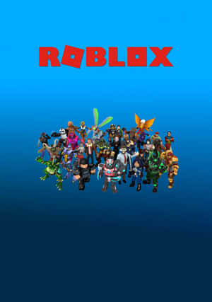 Roblox標誌位於一組色彩繽紛的方塊狀虛擬角色上方，背景為藍色漸變。