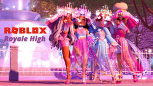 四個穿著閃亮服裝的 Roblox Royale High 角色在發光的噴泉附近擺姿勢。