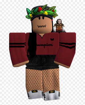 Roblox 角色穿著紅色 Champion 襯衫和魚網短褲，戴著樹葉皇冠，肩上有一個娃娃。 — Galaxy Z Fold 5 壁紙