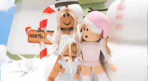 三個穿著冬季服裝的Roblox角色靠近雪人和拐杖糖標誌。