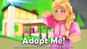 身穿粉紅色服裝的動漫女孩在Roblox遊戲中一個發光的現代房子前揮手。