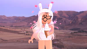 戴著兔耳的Roblox頭像，在櫻花飄落中吃著冰淇淋。