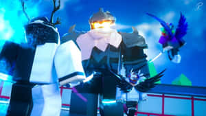 Roblox 角色身穿發光盔甲和翅膀，在明亮的藍天下。