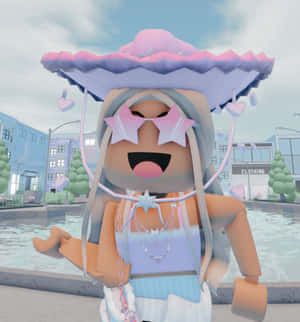 Roblox 角色穿著粉彩衣服和帽子在城市廣場
