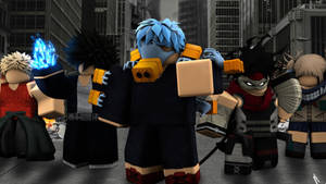 Roblox風格動漫角色喺城市街道，一個有藍色火焰。