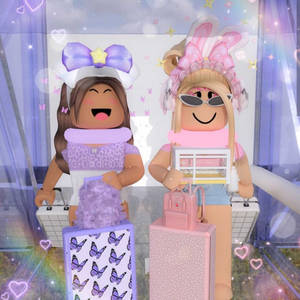 兩個戴著兔耳微笑的Roblox角色在閃亮的房間裡拿著行李。 — 美學女孩 壁紙