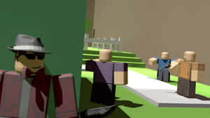 塊狀Roblox角色在一個風格化的戶外場景中，有綠草和樓梯。