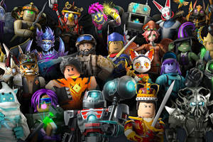 Roblox 虛擬角色穿著奇幻和科幻裝備，手持武器和發光物品。