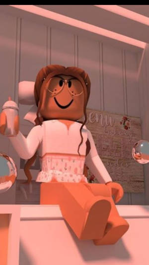 Roblox角色在粉紅燈光的咖啡館裡拿著奶瓶