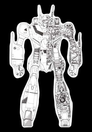人形機甲的技術線條圖，內部部件暴露。