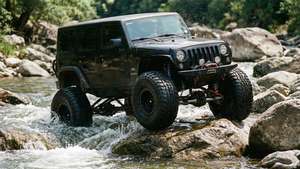 黑色升高Jeep Wrangler穿越岩石河流濺起水花