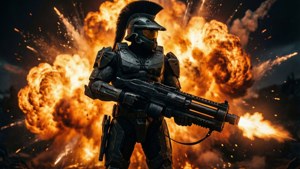 未来士兵在橙色火焰和烟雾的爆炸战斗中开火