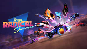 夜晚的Rocket League遊戲場景中，霓虹車飛翔和翻轉。