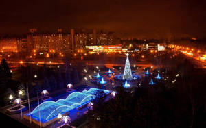 城市公園中帶有藍色燈光和聖誕樹的節日冬夜場景。
