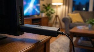 黑色Roku串流棒插入昏暗客廳的電視櫃中。