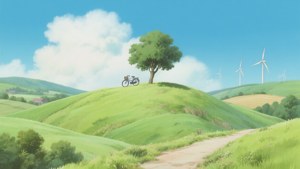 一輛單車靠在一棵樹上，位於長滿草的山丘上，遠處有風力發電機，天空湛藍。