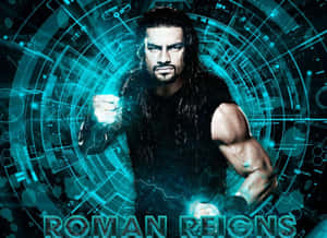 Roman Reigns 身處數位競技場，拳頭發光，背景是未來感的藍色。
