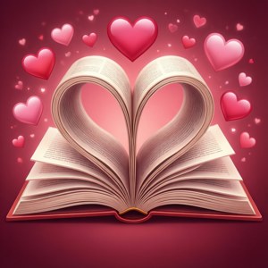 打開的書形成心形，被漂浮的心形包圍，背景為紅色