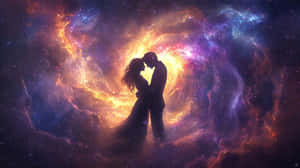 一對剪影情侶在充滿星星和旋轉色彩的活力宇宙星雲中親吻。
