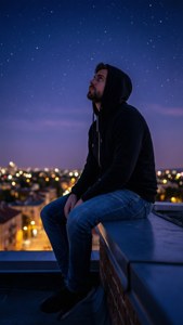 穿黑色連帽衫的男人坐在屋頂上，看著城市燈光上方的星空