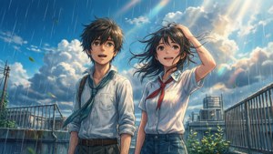 兩個穿著校服的動漫青少年站在彩虹和明亮的雲朵下的雨中。