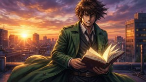 動畫男人穿著綠色外套在夕陽下的城市屋頂上讀發光的書。