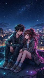 兩個動漫風格的青少年晚上一起坐在屋頂上，俯瞰星空下閃爍的城市。