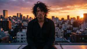 一個男人在日落時坐在屋頂上俯瞰城市天際線。