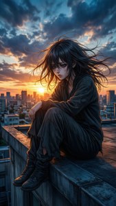 動漫女孩坐在日落時分的屋頂邊緣，風吹動她的頭髮掠過城市天際線