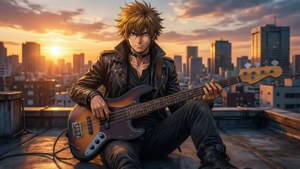 動漫結他手在夕陽城市天台上彈奏低音結他。