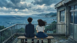 兩個穿著校服的動漫青少年坐在長椅上，面向暴風雨天空下的海洋。
