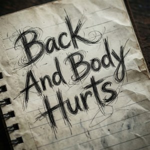 喺一張殘舊嘅筆記簿頁上手寫咗「Back And Body Hurts」嘅便條。