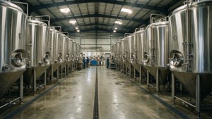 工廠內長排的不鏽鋼釀酒罐，背景有工人。