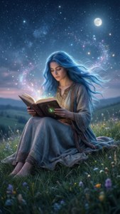 一位藍髮女性在滿月下的星空草地上閱讀一本發光的書。