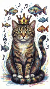 一隻戴著王冠的虎斑貓被魚和音符環繞的彩色插圖。