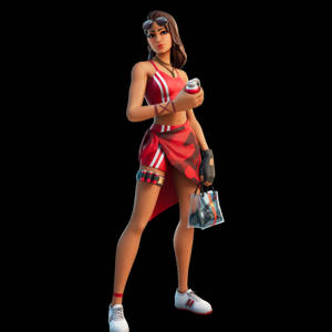 Fortnite 角色穿著紅色服裝，拿著一個罐子和一個購物袋。 — Fortnite 造型 壁紙