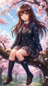 穿校服的動漫女孩坐在櫻花樹枝上，花瓣飄落